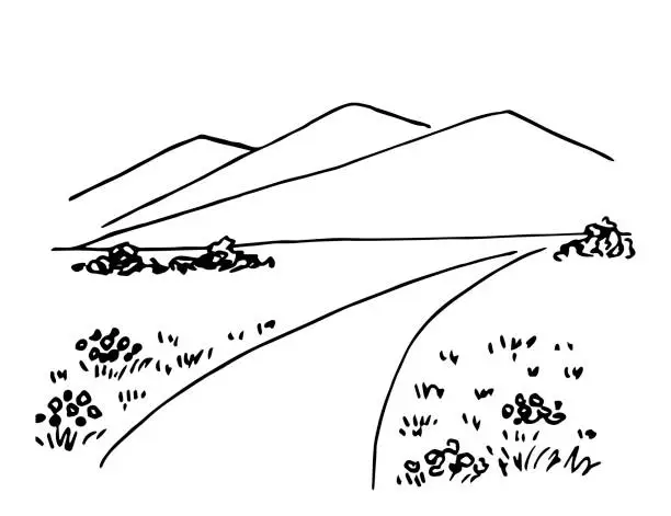 Vector illustration of Simple vector ink sketch. Mountains on the horizon, country road, flowers and grass. Walk in nature, flowering meadows. Rural landscape.