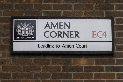 Lond, United Kingdom – October 24, 2020: Amen Corner street sign near St Pauls Cathedral