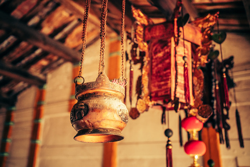 Traditional hanging censer and  prayer lantern in the hall of gods in Taiwan
