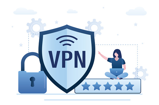 Big VPN shield and five stars review. Business woman uses laptop. VPN service, confidential internet access, digital technology. High quality privacy, protection of data. Flat vector illustration
