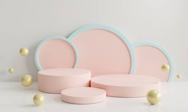 istock Platforms pink and blue pastel. Minimal scene with three podiums. 1438176240