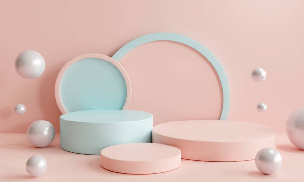 istock Platforms pink and blue pastel. Minimal scene with three podiums. 1438176243