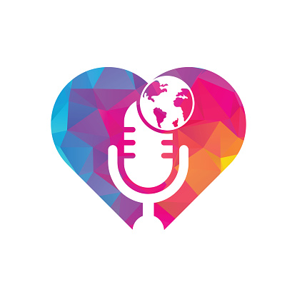 Global podcast heart shape concept logo design. Broadcast entertainment business logo template vector illustration.
