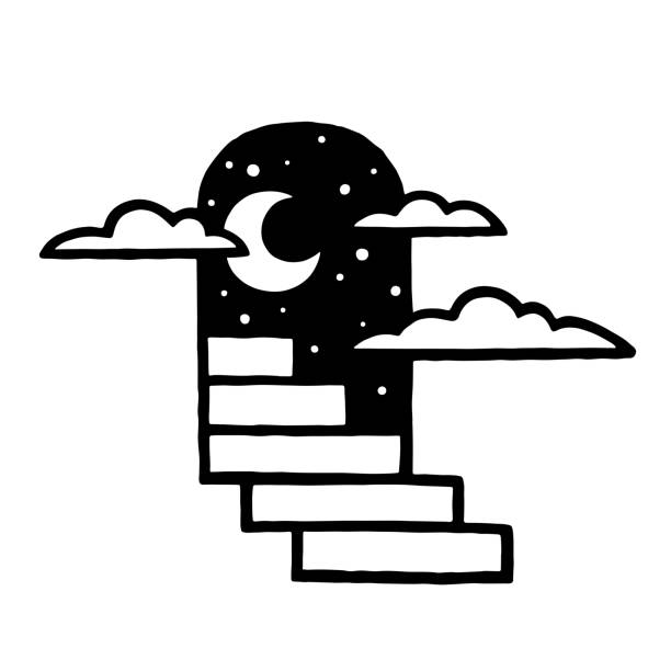 ilustraciones, imágenes clip art, dibujos animados e iconos de stock de escalera de puerta abierta garabato de luna - escalera hacia el cielo