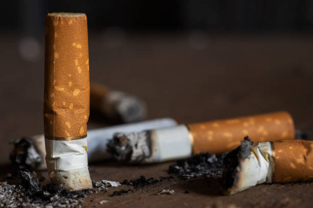 cigarette butts on rgey background close up - cigarette smoking ashtray tobacco imagens e fotografias de stock