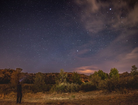 Prescott, United States – June 04, 2022: A man looking at the stars at Lake Watson campground