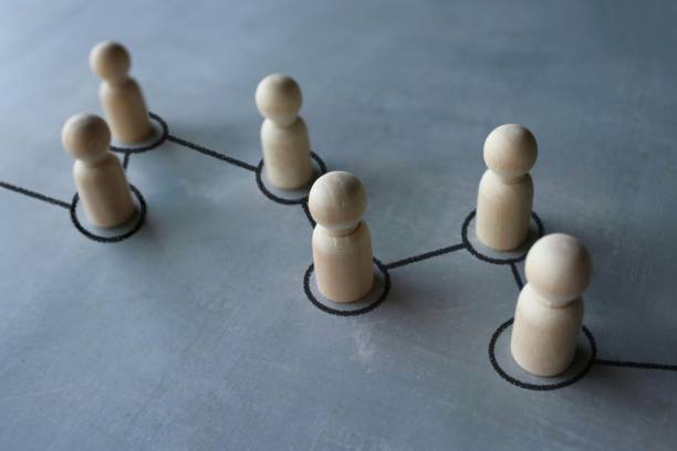 istock Selective focus image chain of wooden dolls connected by lines. 1438177812