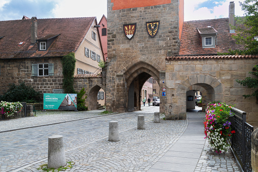 Dinkelsbühl, Germany, September 10, 2022; Woernitz gate in the old medieval town in the old town of Dinkelsbuehl, Bavaria, Germany.