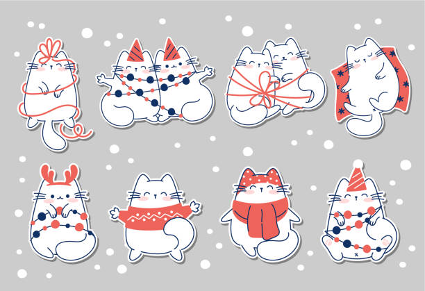 Draw funny stickers with cats for christmas and winter vector illustration character collection funny cats for Christmas and New year. Doodle cartoon style. Draw funny stickers with cats for christmas and winter vector illustration character collection funny cats for Christmas and New year. Doodle cartoon style. kawaii cat stock illustrations
