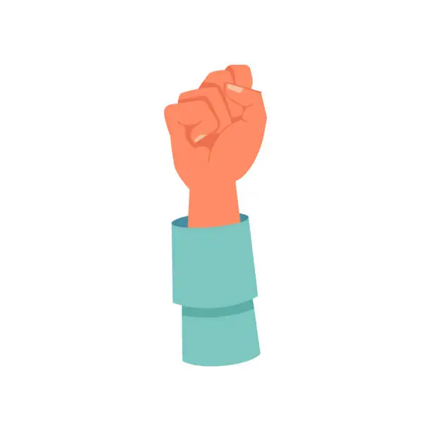 Vector illustration of Hand gesture of raised clenched fist up. Isolated arm of protester on demonstration. Raising objections and put fight equality. Vector in flat cartoon style