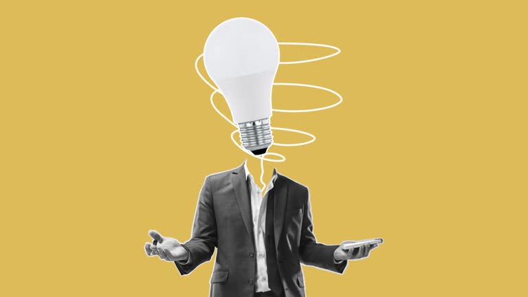 2k stop motion animation, contemporary art collage. Inspiration, idea, trendy urban magazine style. Man in business suit with electric bulb instead head