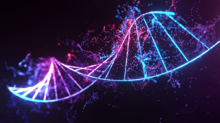 Close up DNA molecule spin around with spread out particle.