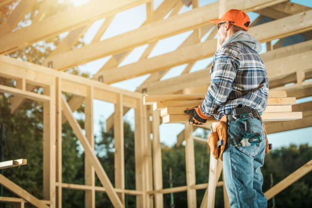 istock Construction Contractor Worker Moving Pieces of Wood Building Structure Elements 1438182927