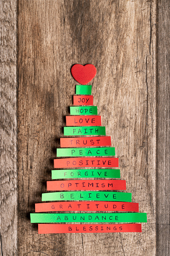 Abstract Christmas tree made of green and red paper with words,  on wooden background