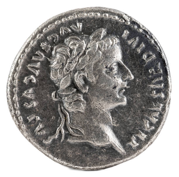 ancient roman silver denarius coin of emperor tiberius. obverse. - imperial rome fotos imagens e fotografias de stock