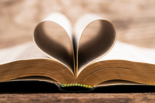 Love of books, reading. Stack of books in the colored cover lay on the table. Open book with curled leaves in the shape of a heart. Library, education.  Empty space for Your text on the left.