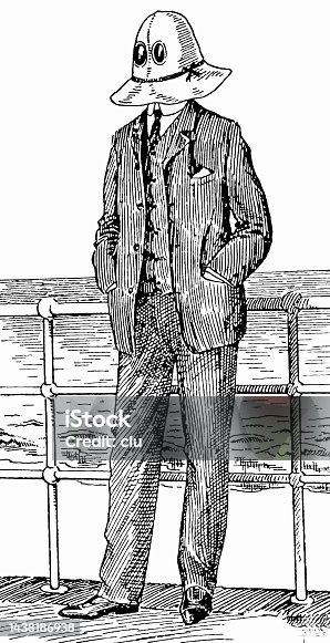 istock Elegant dressed man standing on deck of a cruise ship with a woman's hat, deep drawn and with two eye holes, to remain anonymous or getting sun protection 1438186938