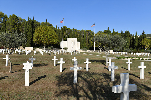 Draguignan, France-10 28 2022: The Rhone American Cemetery and Memorial is a Second World War American military war grave cemetery, located within the city of Draguignan, in Southern France.