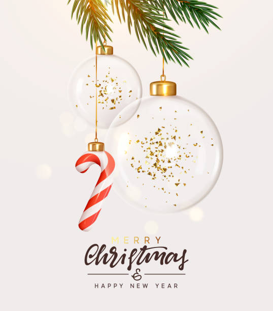 ilustraciones, imágenes clip art, dibujos animados e iconos de stock de feliz navidad y próspero año nuevo de fondo. adornos navideños bolas transparentes de vidrio con confeti de brillo dorado, bastón de caramelo colgado en una cinta. ilustración vectorial - stick of hard candy hanging decoration christmas decoration