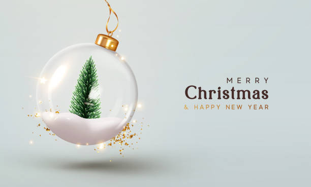 クリスマスの背景。クリスマスの装飾品 中に雪が入ったガラス玉。金色のリボンにぶら下がっているクリスマスツリーの装飾透明なボール、金色のキラキラ紙吹雪。リアルな3dデザイン。ベ� - クリスマス点のイラスト素材／クリップアート素材／マンガ素材／アイコン素材