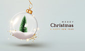 istock Christmas background. Xmas ornaments Glass ball with snow inside. Christmas tree decorations transparent ball hanging on golden ribbon, gold glitter confetti. Realistic 3d design. vector illustration 1438187347
