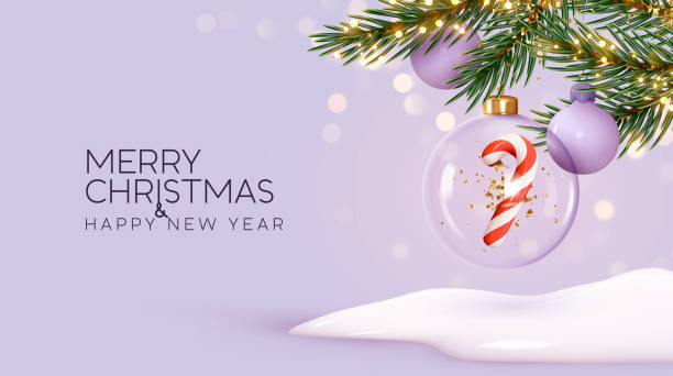 Christmas tree with ornaments glass transparent balls with candy cane on winter snowy background bright golden bokeh lights. Merry Christmas and Happy New Year festive gift card. Vector illustration Christmas tree with ornaments glass transparent balls with candy cane on winter snowy background bright golden bokeh lights. Merry Christmas and Happy New Year festive gift card. Vector illustration fir tree pine backgrounds branch stock illustrations