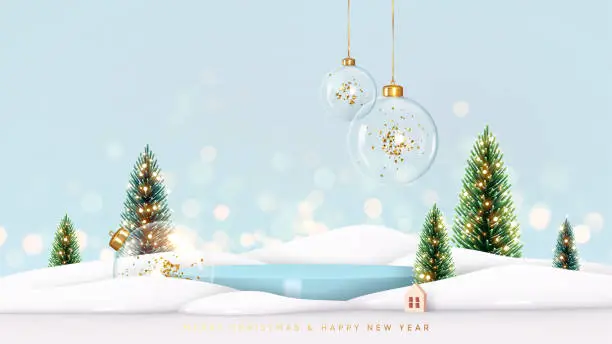 Vector illustration of Christmas background with cylindrical podium for promotions. Round stage for presentation sale product. Stage pedestal or platform in snow between Xmas trees, glass balls hanging. Vector illustration