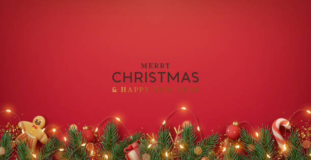 赤い背景にクリスマスの境界線とモミの枝と装飾品のエレメント。リアルな3dデザイン。明るいクリスマスと新年の背景に明るい花輪、金色の紙吹雪。ベクターイラスト - tinsel点のイラスト素材／クリップアート素材／マンガ素材／アイコン素材