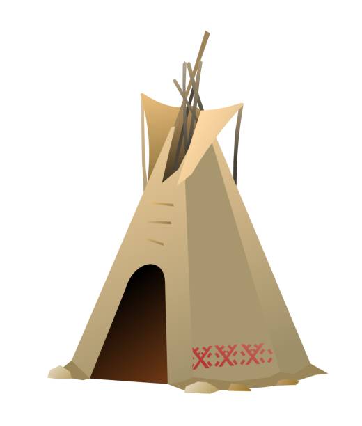 フェルトと皮で作られたインディアンのウィグワム小屋。民俗飾り付き。北米の部族の住居。遊牧民の伝統的な家。白い背景に分離型ベクター画像。 - wigwam tent north american tribal culture indigenous culture点のイラスト素材／クリップアート素材／マンガ素材／アイコン素材