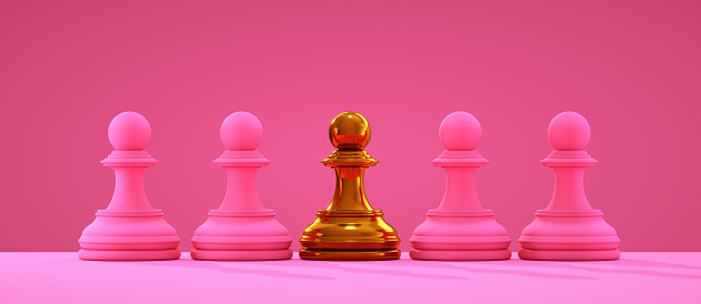 Golden Chess Pawn Pieces Or Leader Businessman, Standing Out Of Crowd Concept