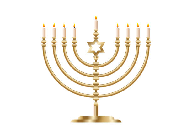 istock Festive golden menorah with nine branches for Jewish holiday Hanukkah, isolated vector illustration 1438190067