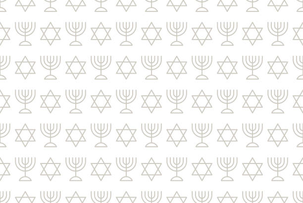 Seamless pattern with Jewish big menora and star of David in simple outline style vector illustration Seamless pattern with Jewish big menora and star of David in simple outline style vector illustration magen david adom stock illustrations