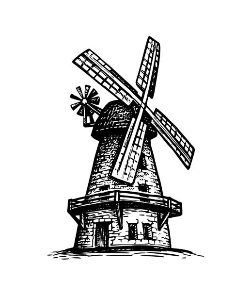 Old windmill ink sketch. Old windmill. Hand drawn ink sketch. old flour mill stock illustrations