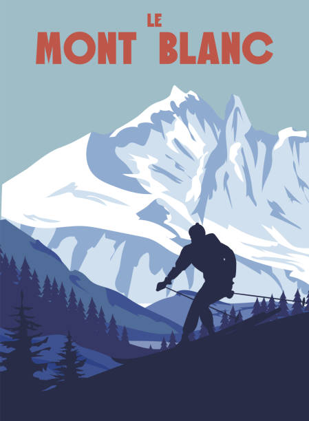 mont blanc skigebiet poster, retro - mont blanc ski slope european alps mountain range stock-grafiken, -clipart, -cartoons und -symbole