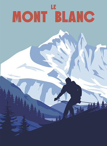 Mont Blanc Ski resort poster, retro. Alps Winter travel card, skier going down the slope, vintage. Vector illustration