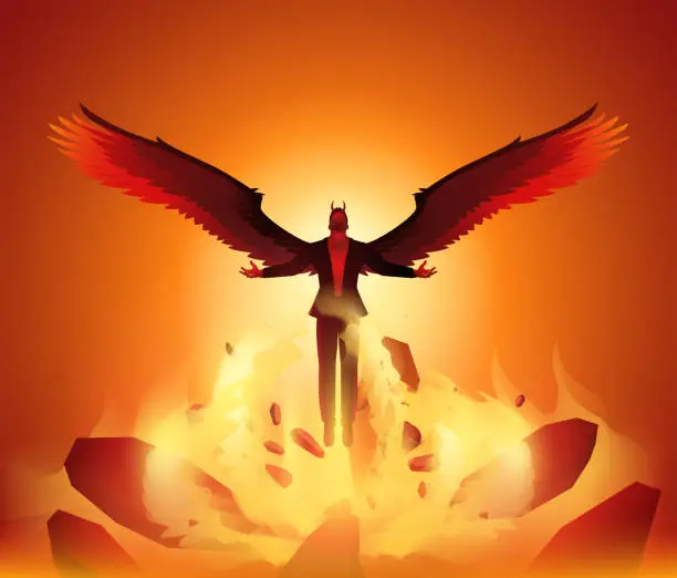 Vector illustration of Fantasy art illustration of Lucifer with glowing fire