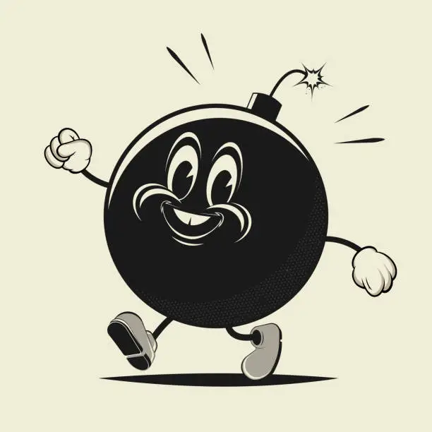 Vector illustration of funny walking cartoon bomb in retro style