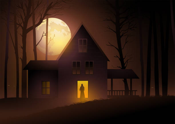 istock Mysterious woman standing in front of scary house door 1438191659