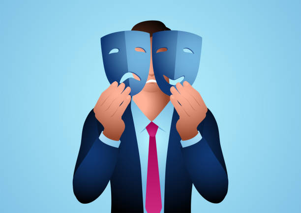 ilustrações, clipart, desenhos animados e ícones de empresário segurando máscaras faciais felizes e tristes - homem triste expressão feliz segurando uma máscara