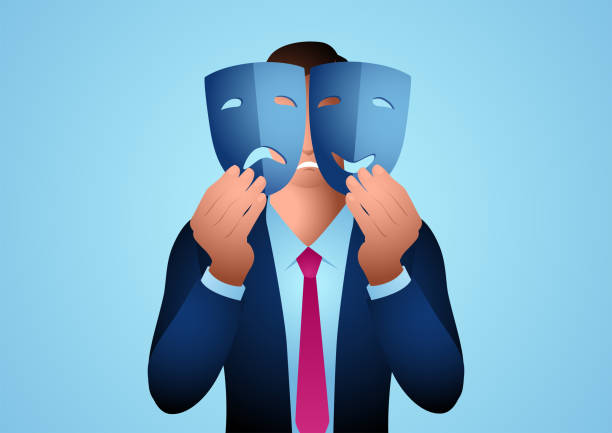 Businessman holding happy and sad face masks vector art illustration