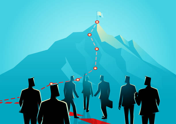 Leader leads his men to the top of the mountain and reach the goal Leader leads his men to the top of the mountain and reach the goal, vector illustration person walking up stairs from behind stock illustrations