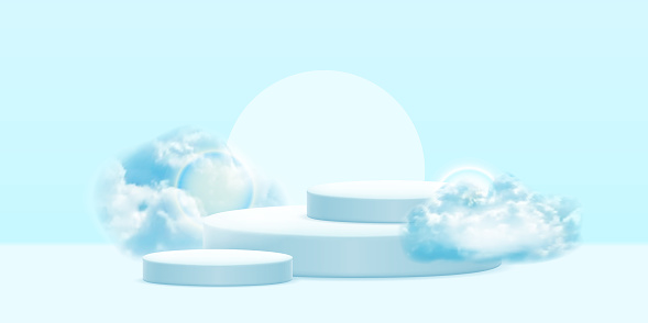 Vector realistic podium platform with blue clouds in abstract stage for product placement and display.