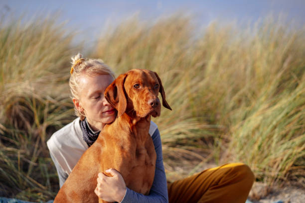 istock Owner hugging dog tightly 1438194134