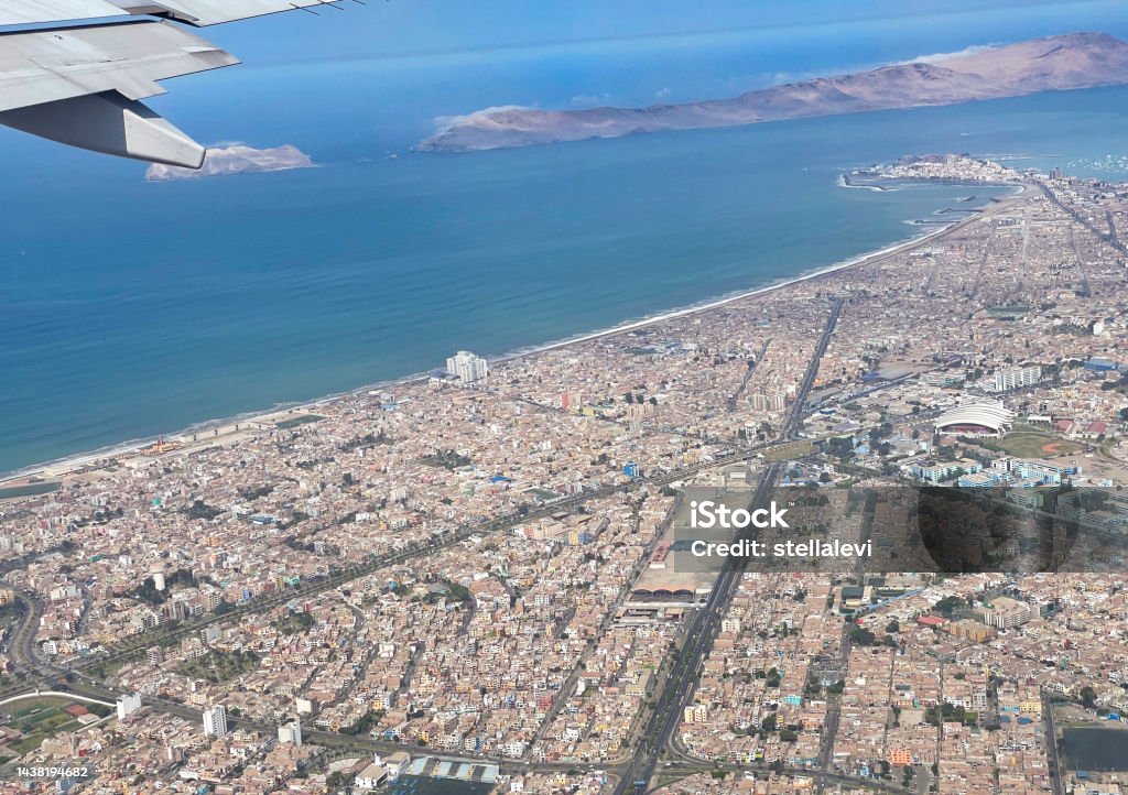 Aerial view of Lima, Peru Aerial view of Lima through airplane window, Peru Aerial View Stock Photo