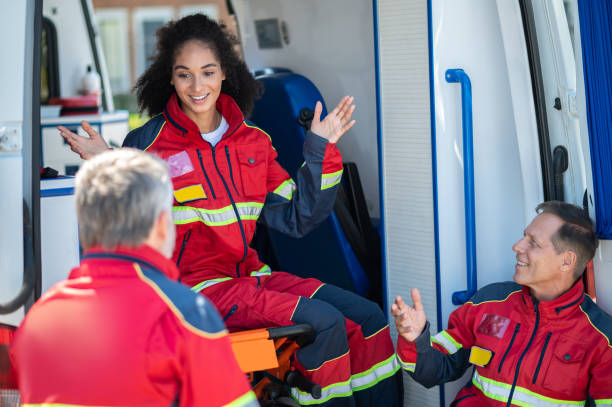 istock Paramedical personnel discussing something before their shift 1438194899