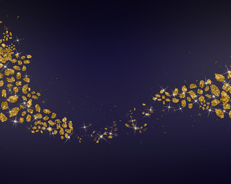 digital created golden sprinkles on blue background, copy space,