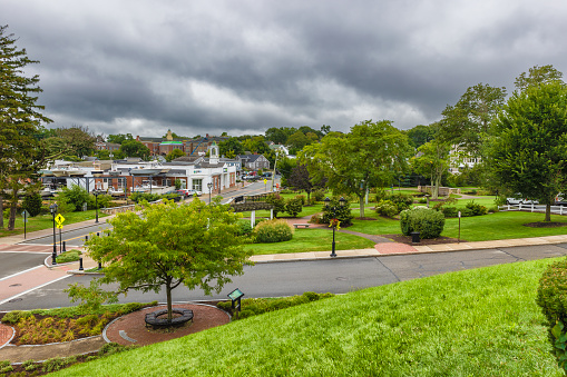 Plymouth, Massachusetts, USA - September 12, 2022: . View of Brewster Garden from the top of Coles Hill under cloudy skies.