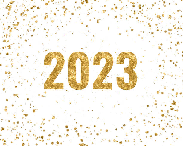word 2023 in a circle of golden particels stock photo