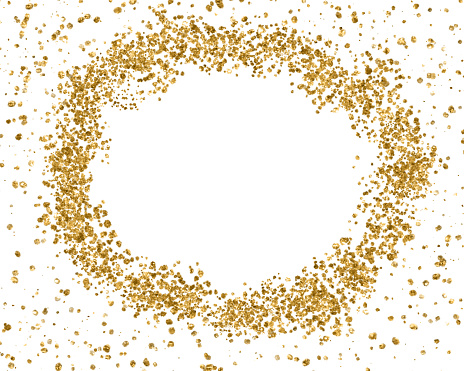 digital created golden sprinkles as frame on  white background, copy space,