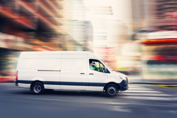 Delivery white van in Manhattan around Times Square area stock photo